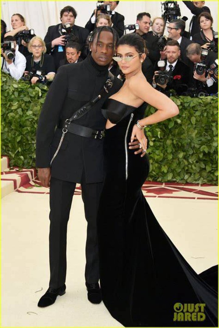 Kylie Jenner Travis scott met gala red carpet purple dress purple hair feathers